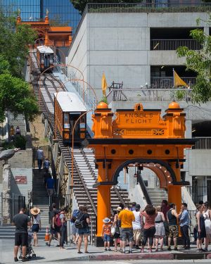 The iconic orange cars of Angels Flight funicular